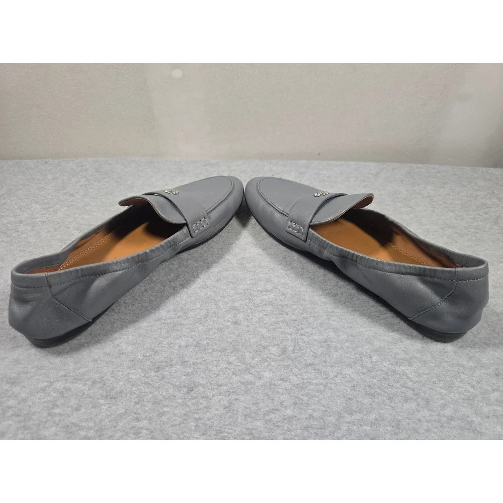 Tory Burch Jessa Grey Leather Driving Loafers Silver Horsehead Hardware Flats 9M